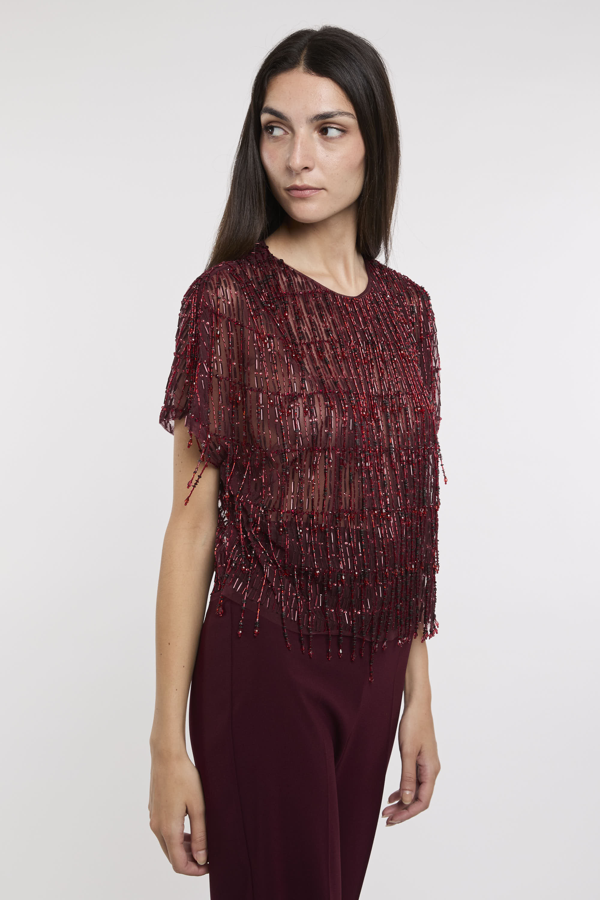 Elisabetta Franchi Top Boxy Paillettes 6046 Rouge Noir Donna