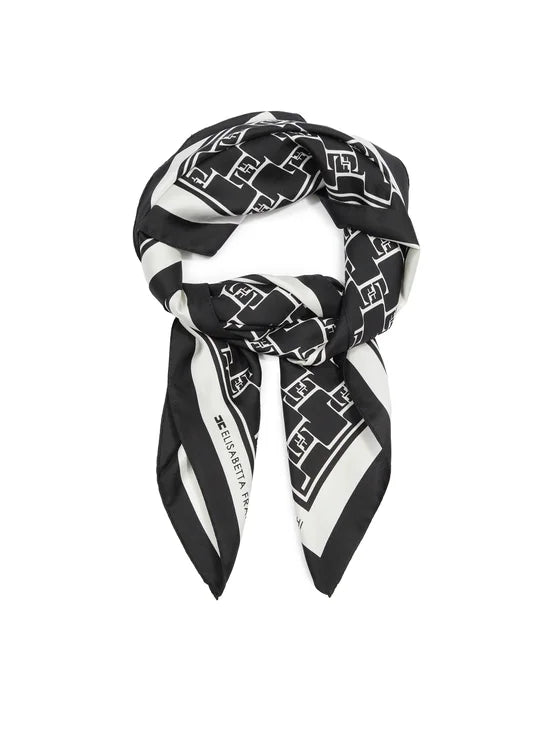 Foulard Elisabetta Franchi In Seta 100% - Sciarpa Donna Con Logo, Misura 50x50 Cm, Colore Nero/Burro